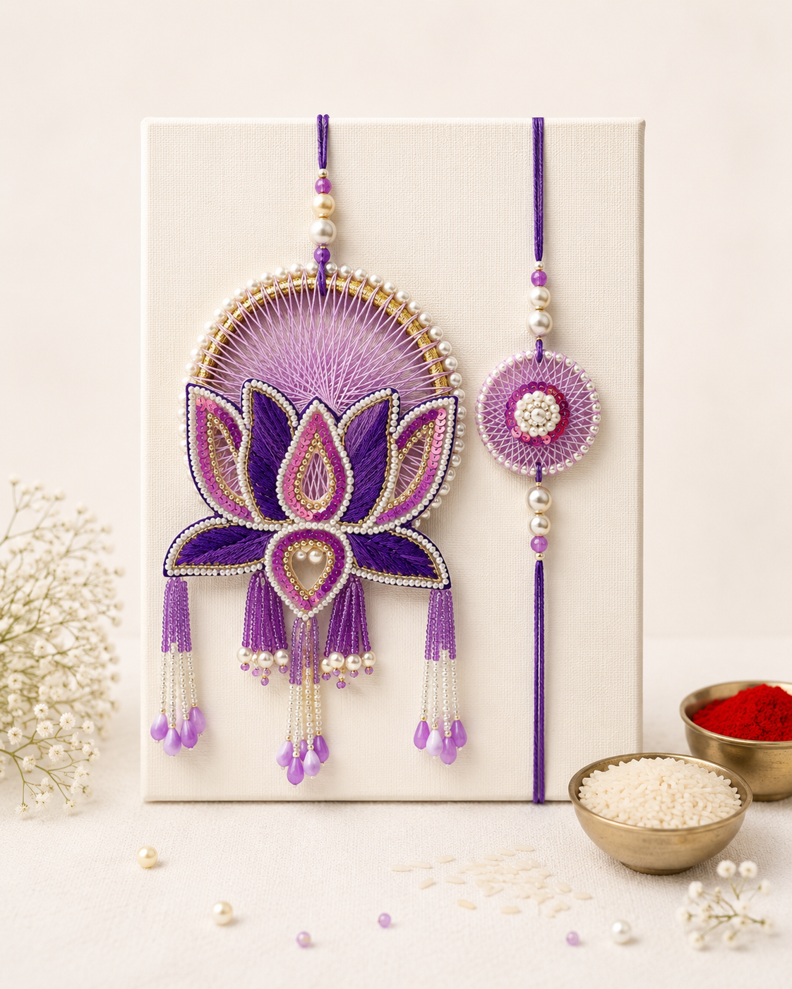 Jumbo Lotus and Crochet Work Bhaiya Bhabhi Pair Rakhi