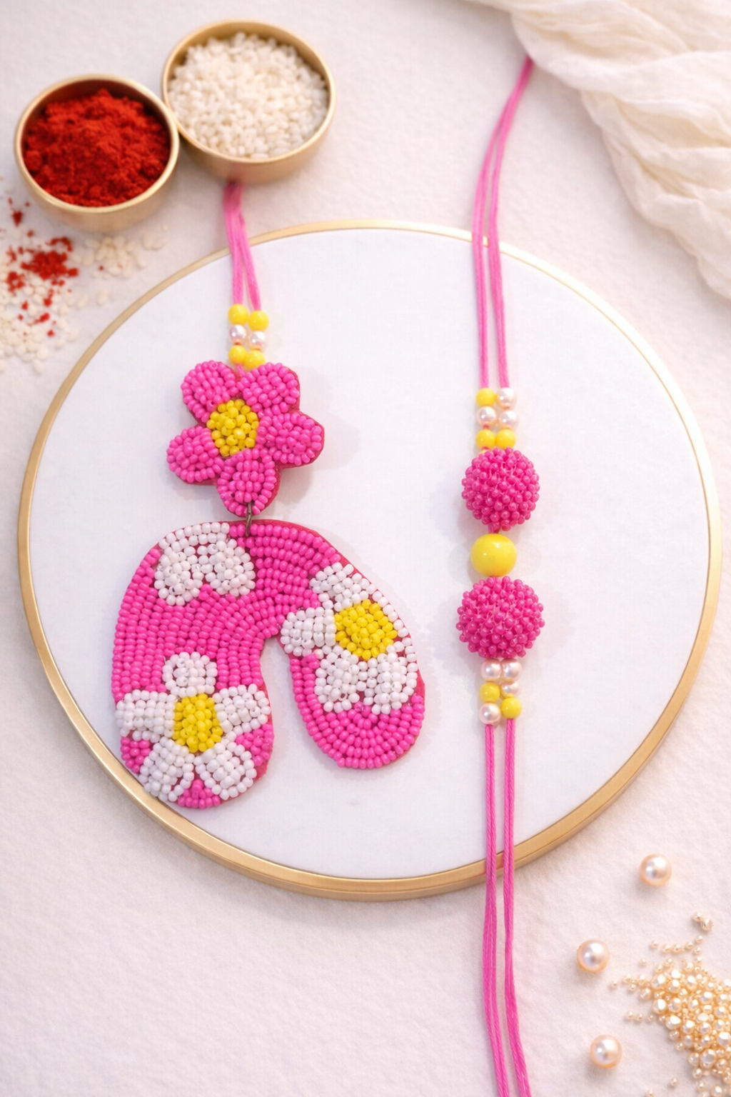 Pink Flower Bead Work Bhaiya Bhabhi Pair Rakhi