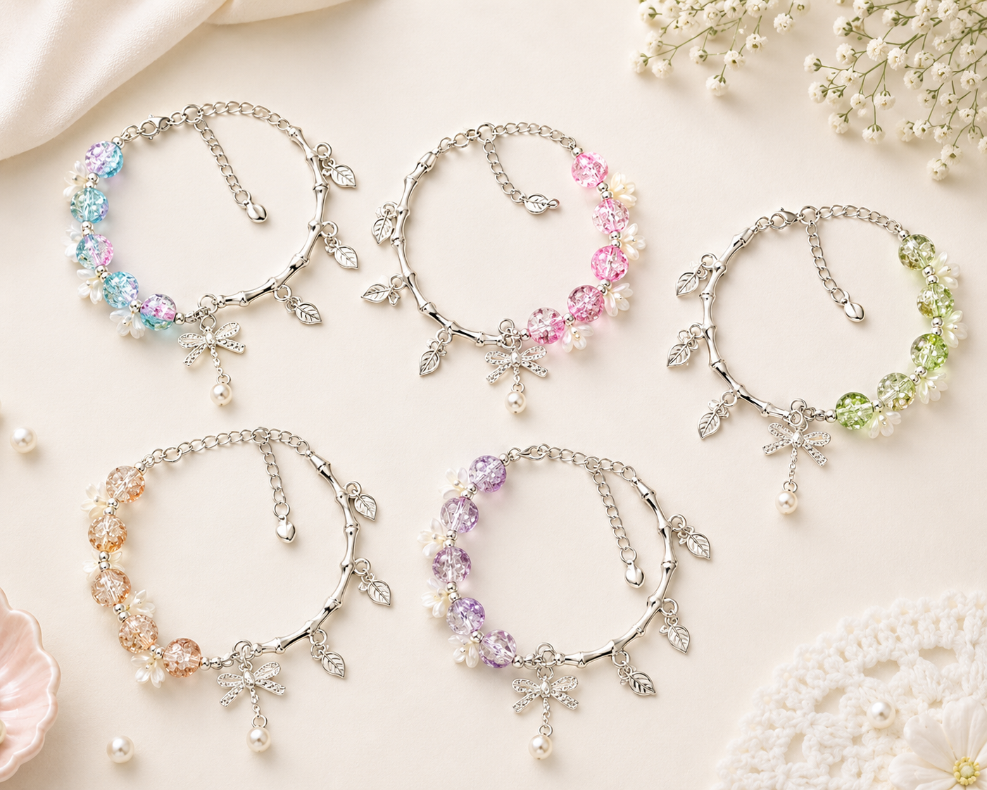 Bead and Bangle Flexible Bracelet (Random Color)
