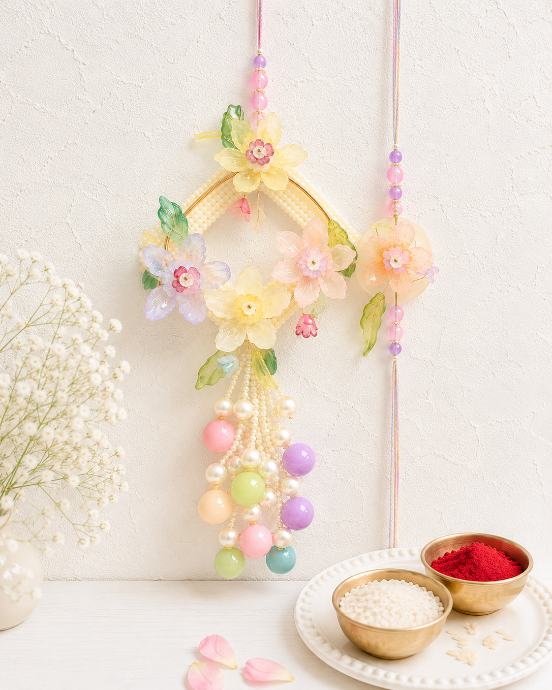Jumbo Pearl And Crystal Flower Bhaiya Bhabhi Rakhi