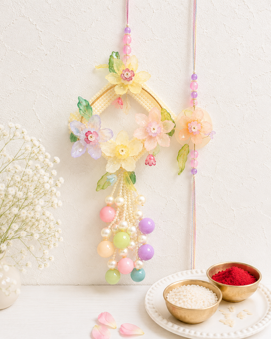 Jumbo Pearl And Crystal Flower Bhaiya Bhabhi Rakhi