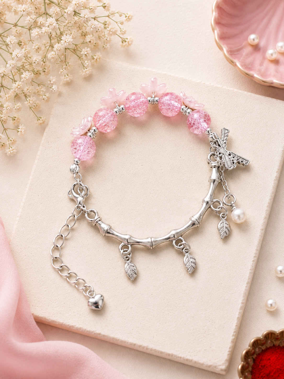 Bead and Bangle Flexible Bracelet (Random Color)