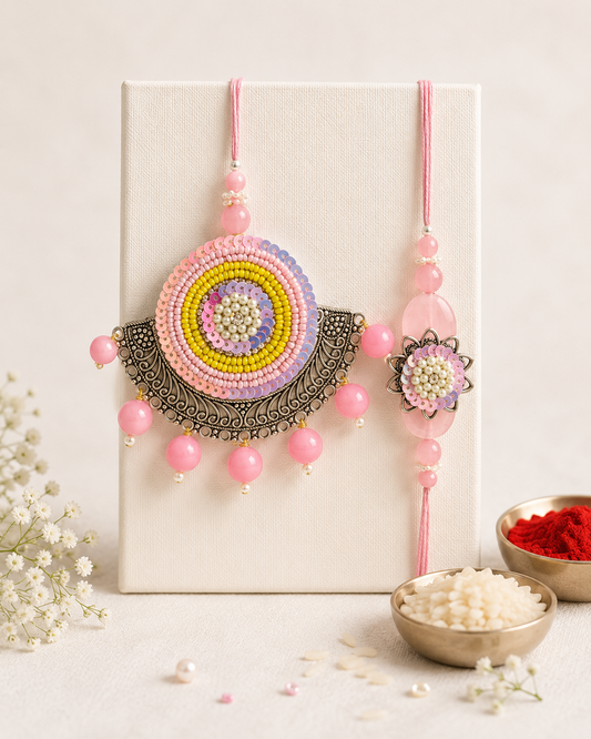 Premium Pastel Pink And Silver Lumba Rakhi Combo