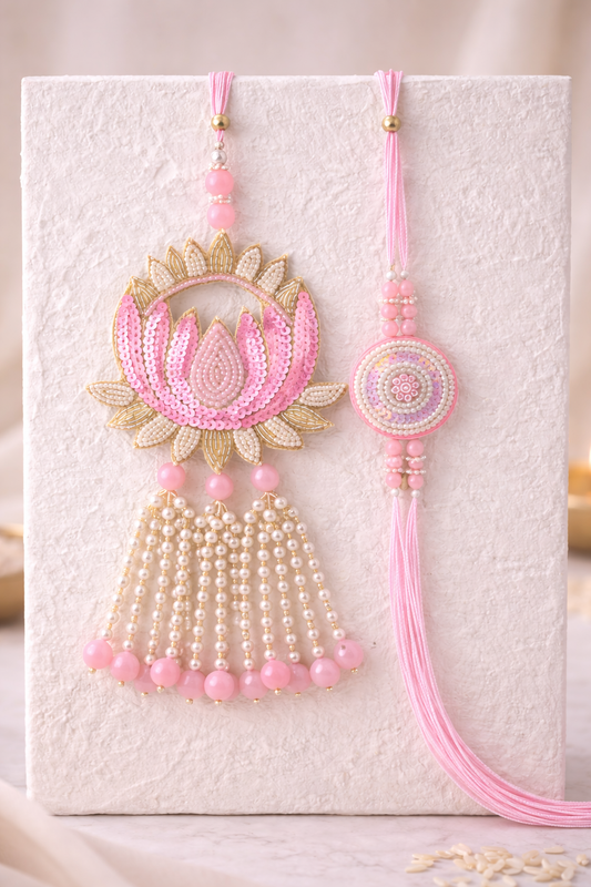 Big Sequence Work Lotus With Tassel Bhaiya Bhabhi Rakhi