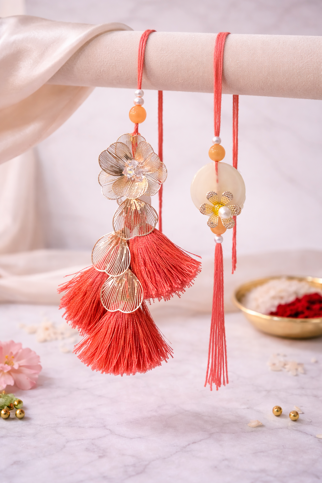 Foil Flowers With Thread Tassel Bhaiya Bhabhi Rakhi