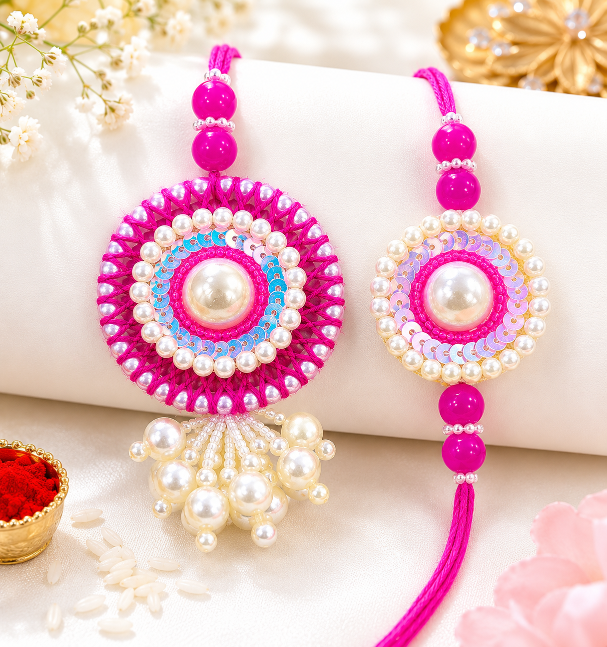 Crocheat Thread And Pearl Work Bhaiya Bhabhi Rakhi