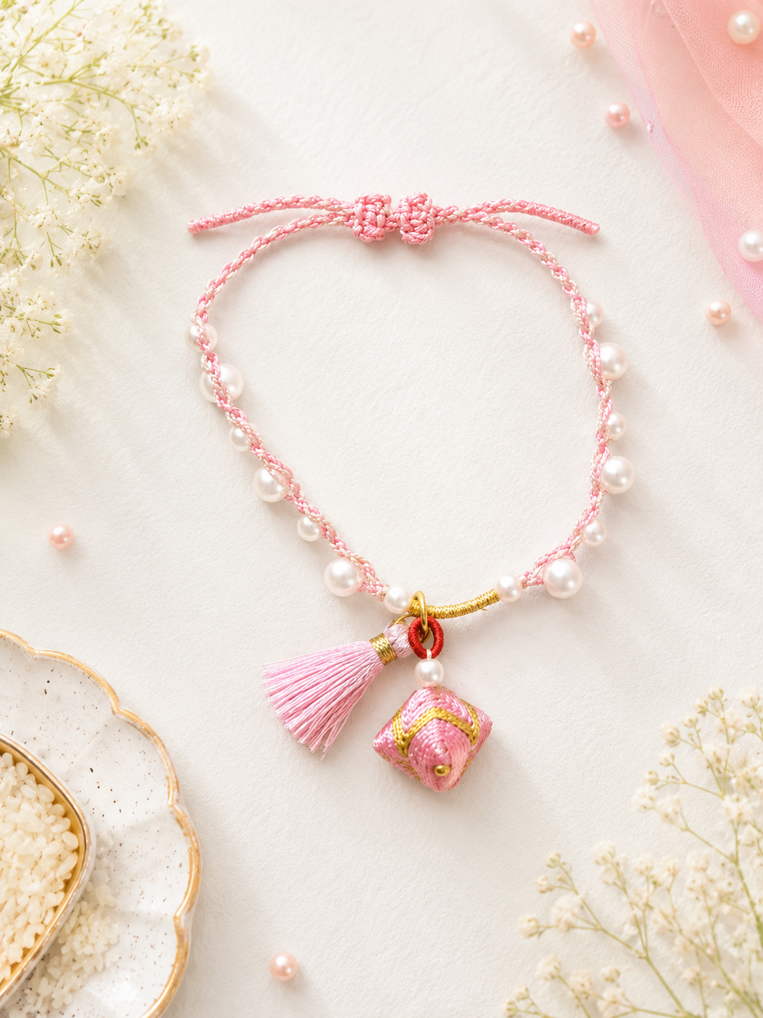 Pink Crochet And Pearl Work Bracelet