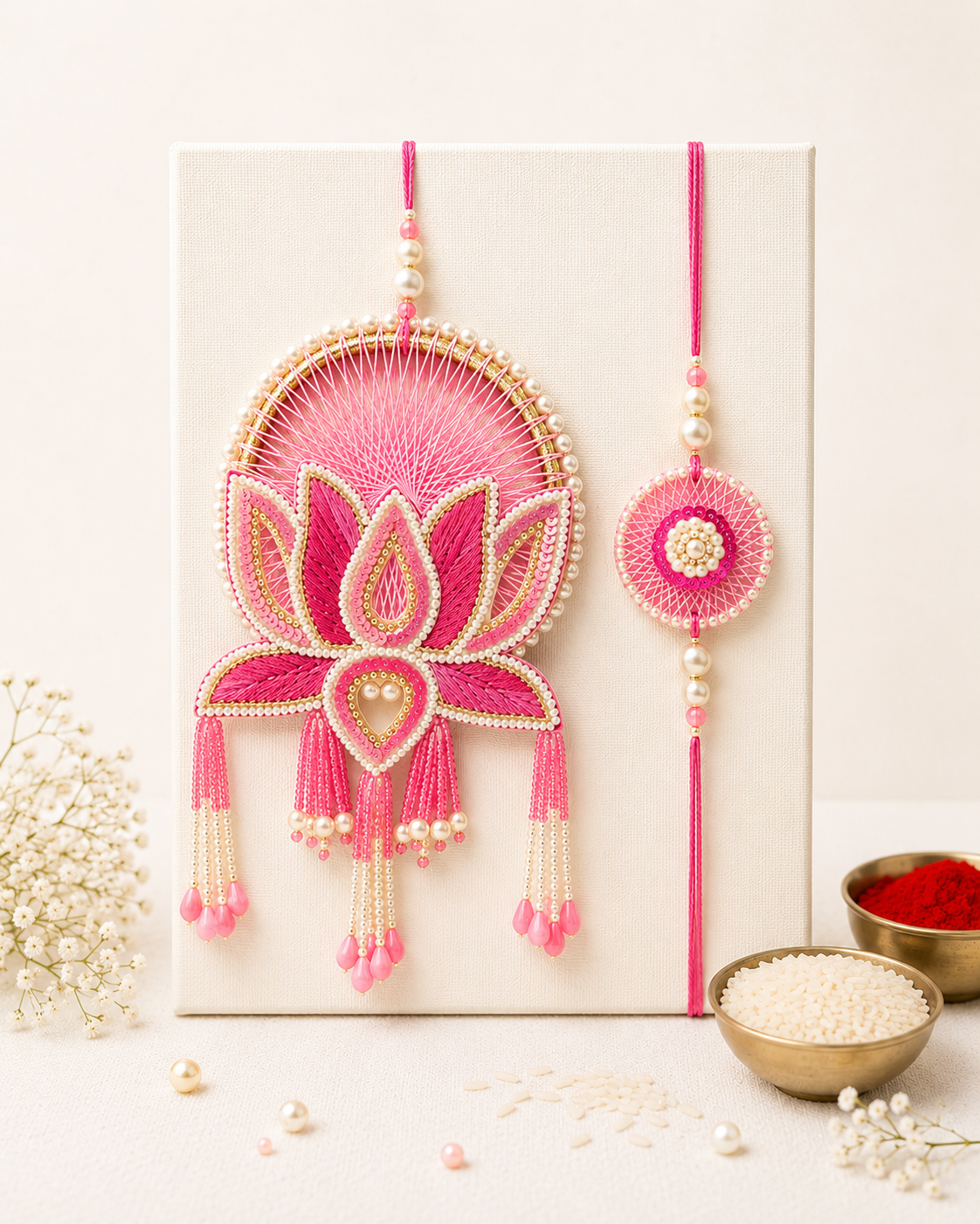 Jumbo Lotus and Crochet Work Bhaiya Bhabhi Pair Rakhi