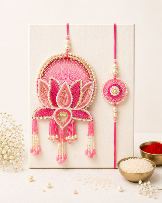 Jumbo Lotus and Crochet Work Bhaiya Bhabhi Pair Rakhi