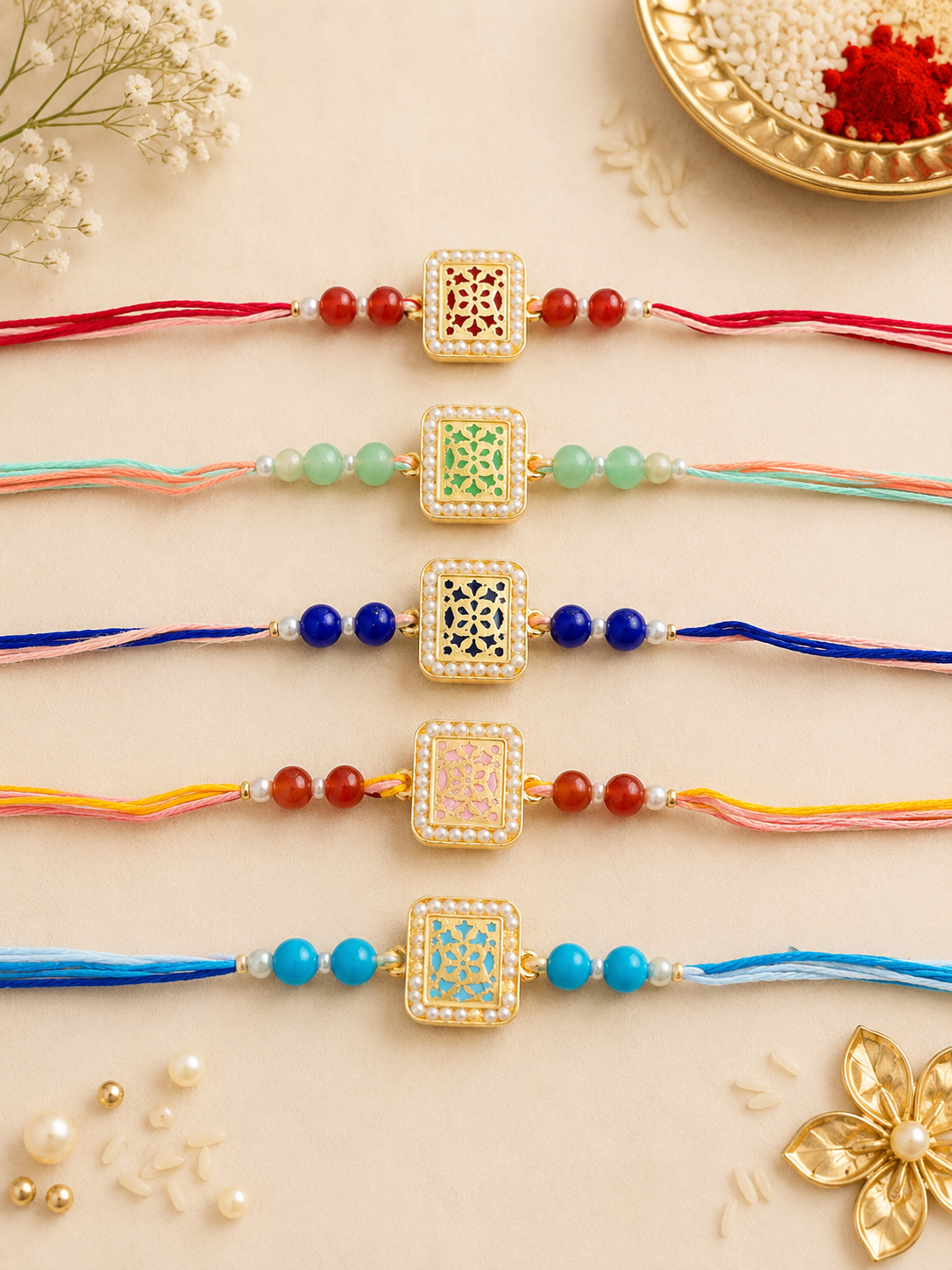 Rectangle Golden Embossed Bhaiya Rakhi (Random colours)