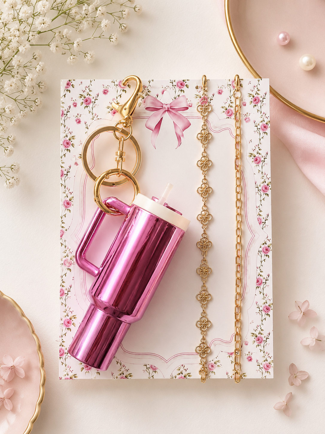 Pink Tumbler Keychain & Floral Bracelet Gift Set (Random colour)