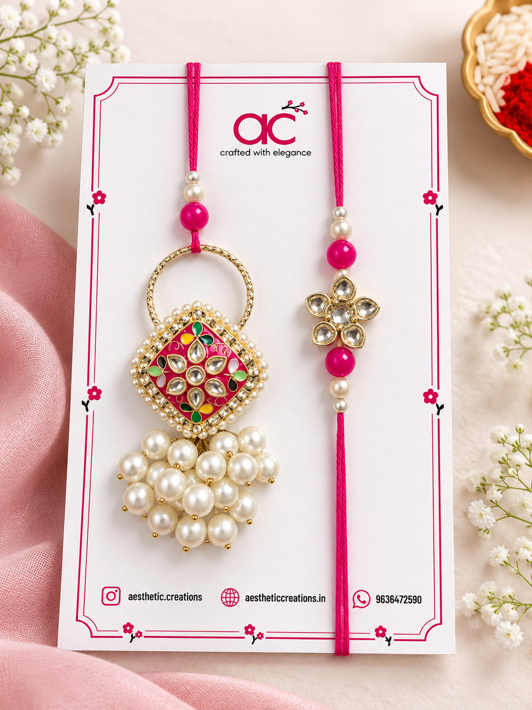 Rani Pink Kundan Couple Bhaiya Bhabhi Rakhi