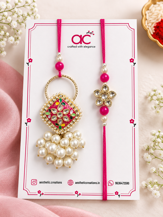 Rani Pink Kundan Couple Bhaiya Bhabhi Rakhi